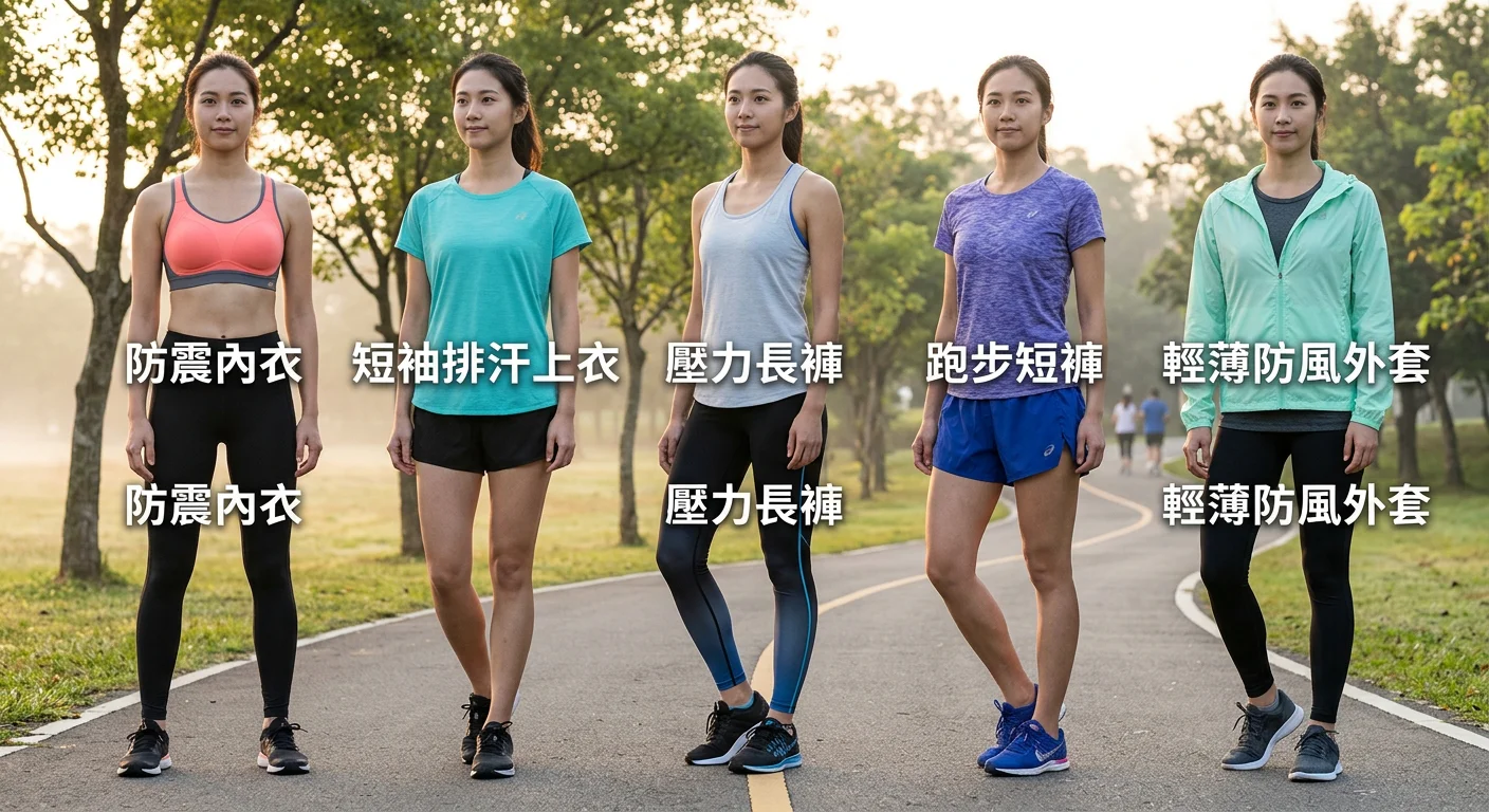女生跑步服裝全品類排列示意圖,從左到右依序為防震內衣、短袖排汗上衣、壓力長褲、跑步短褲、輕薄防風外套,每件旁標示品類名稱,背景為清晨公園跑道