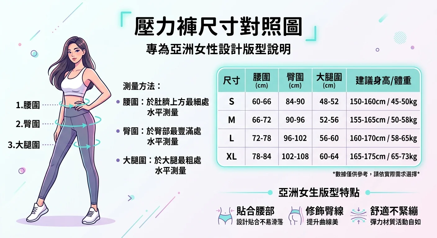 壓力褲尺寸對照圖,顯示腰圍、臀圍、大腿圍三個測量點的示意,搭配亞洲女生版型說明,簡潔線條插圖風格