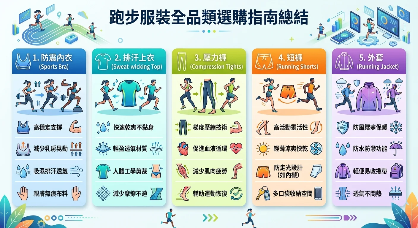 跑步服裝全品類選購指南總結資訊圖,列出五個品類(防震內衣/排汗上衣/壓力褲/短褲/外套)各自的核心選購要點,清晰的條列設計,品牌色系