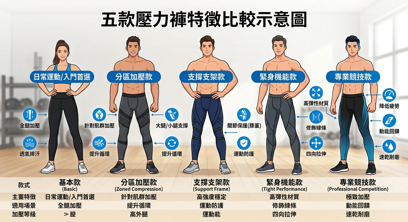 五款壓力褲並排比較示意圖,不同款式特徵標示