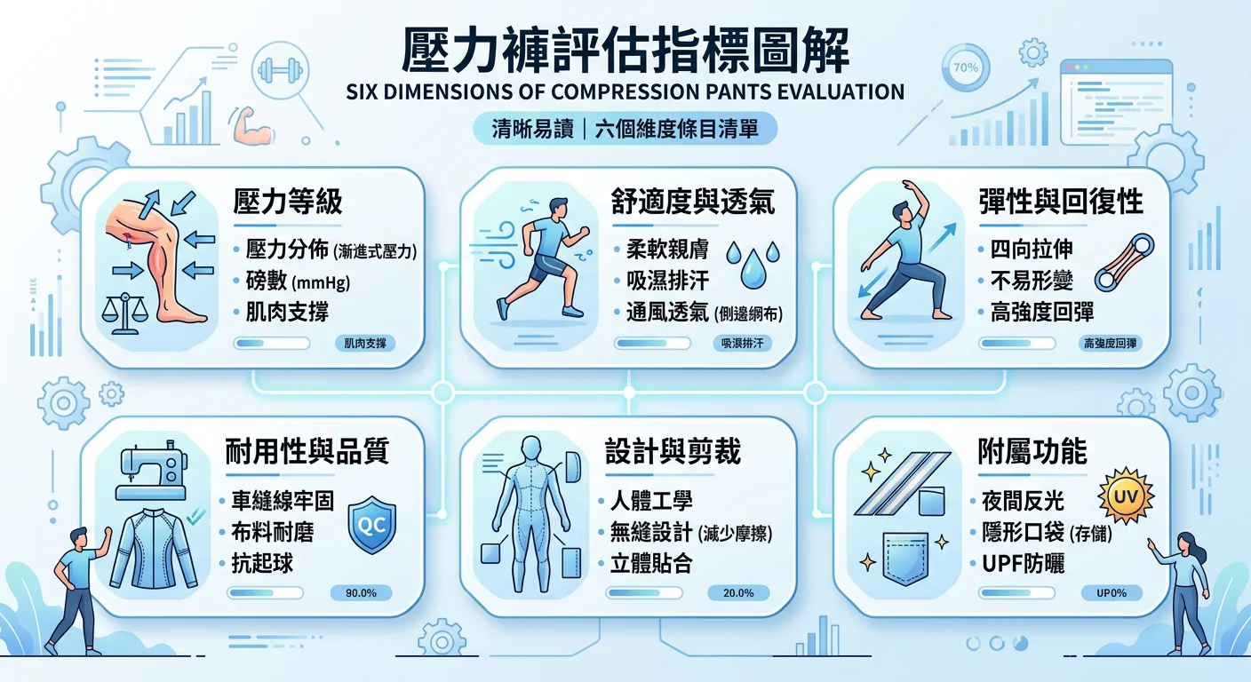 壓力褲評估指標圖解,六個維度條目清單,清晰易讀