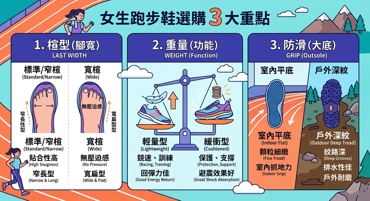 女生跑步鞋選購 3 大重點資訊圖——三個橫向 block，依序標示：楦型（窄楦/寬楦示意圖）、重量（輕量 vs 緩衝型）、防滑（室內平底 vs 戶外深紋），每 block 有圖示和說明文字