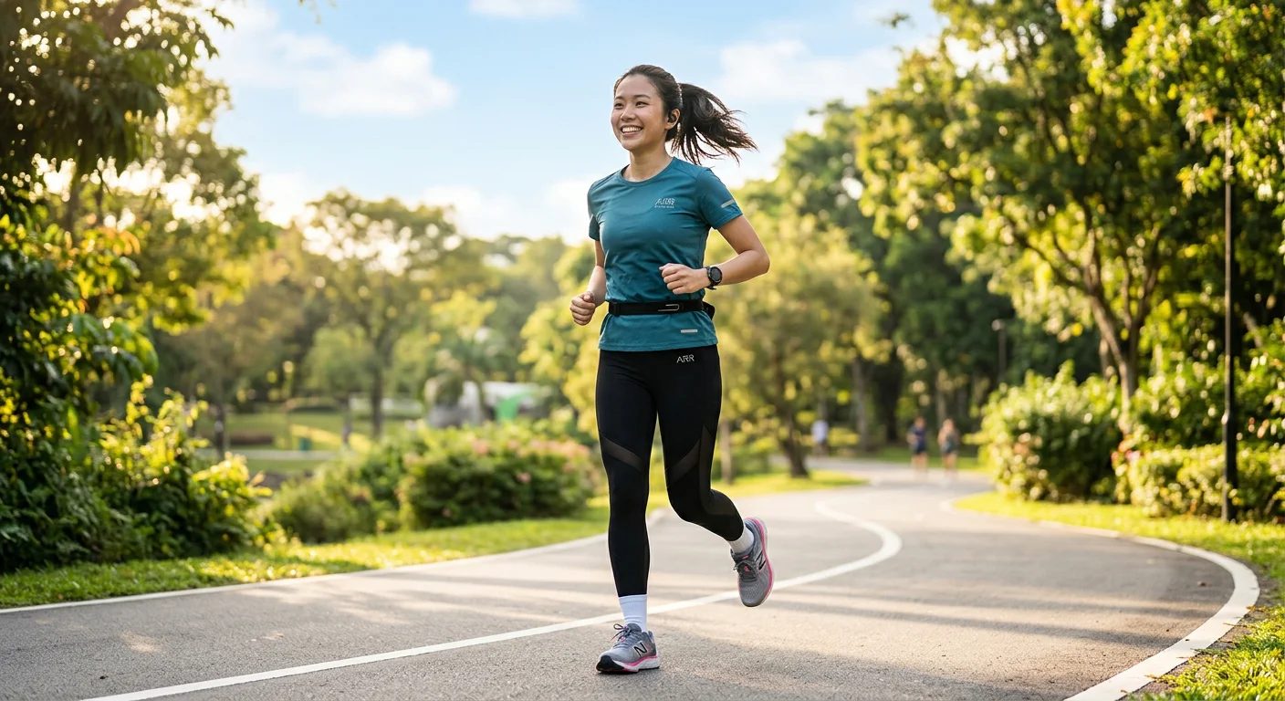 女生穿著 ARR 跑步壓力褲和機能上衣、搭配跑步鞋，戶外晴天慢跑的 lifestyle 照，自然採光，動感舒適