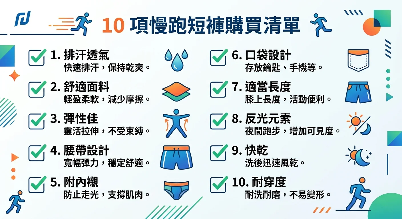 10 項慢跑短褲購買清單視覺化，使用 checkbox 樣式，兩欄排列，每個 checkbox 旁有簡短說明文字，整體為清爽的運動感設計，主色為品牌色，背景白色