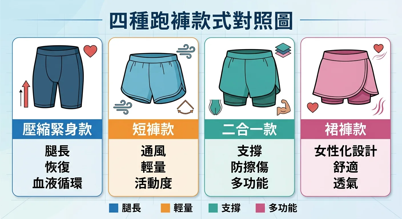 四種跑褲款式對照圖——壓縮緊身款/短褲款/二合一款/裙褲款，各款特性標示