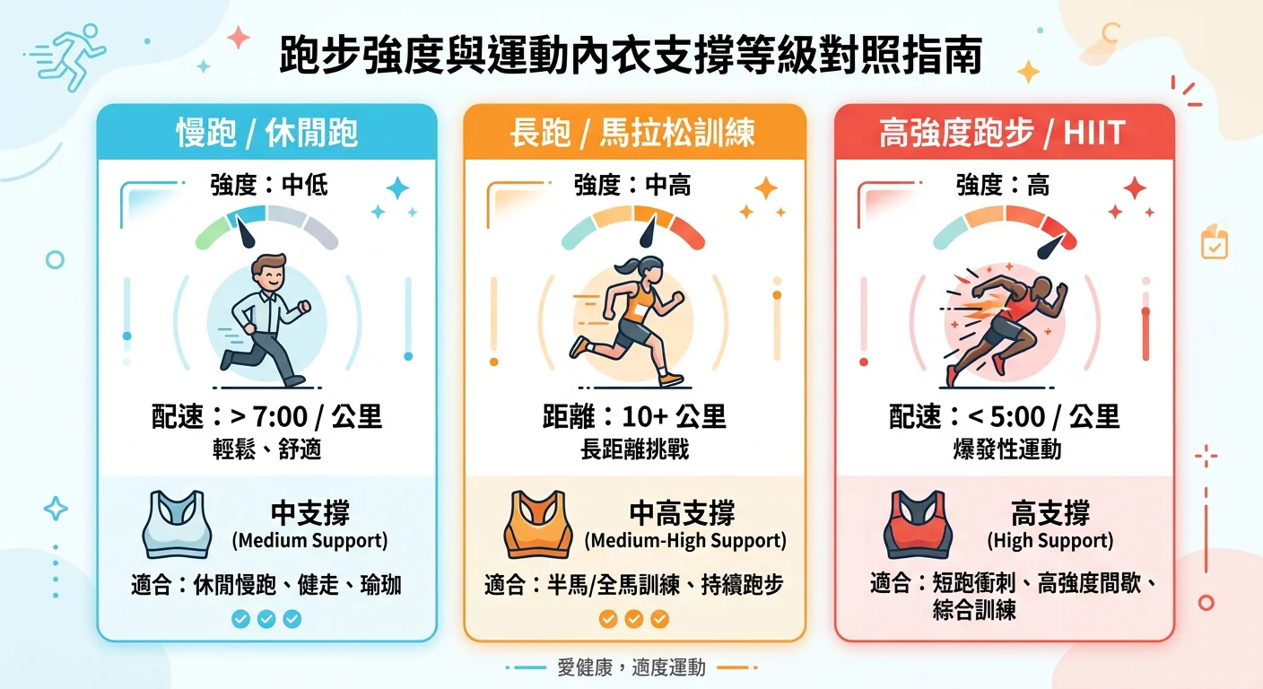跑步強度與運動內衣支撐等級對照資訊圖，分三欄呈現：左欄「慢跑」配速與中支撐標示、中欄「長跑」距離與中高支撐標示、右欄「高強度跑步/HIIT」配速與高支撐標示，使用跑步人形圖示和強度量表