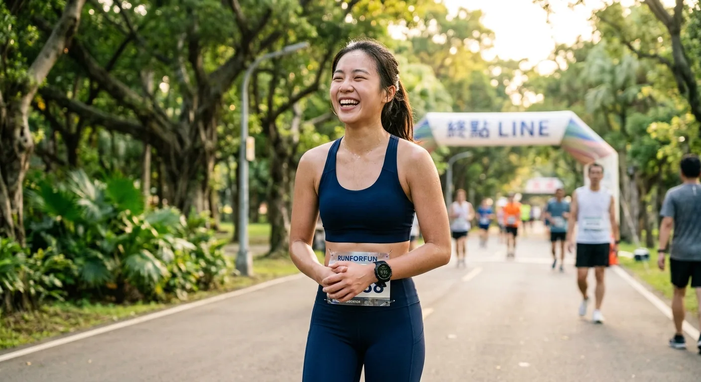 女生穿著路跑裝備完成跑步後的滿足表情，手腕戴運動手錶，身穿高衝擊防震內衣和壓力褲，戶外公園背景