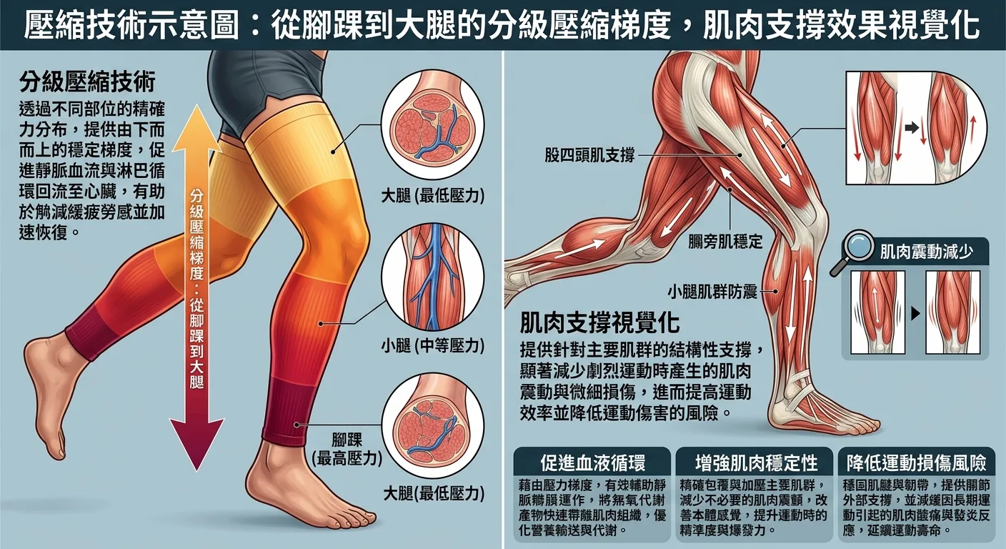 壓縮技術示意圖：從腳踝到大腿的分級壓縮梯度，肌肉支撐效果視覺化