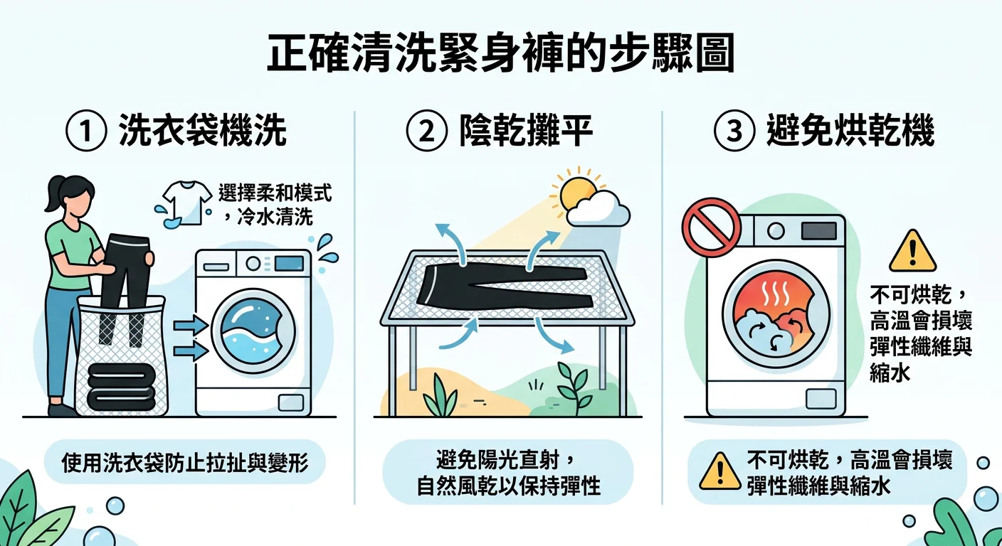 正確清洗緊身褲的步驟圖：洗衣袋機洗、陰乾攤平、避免烘乾機，簡潔資訊圖