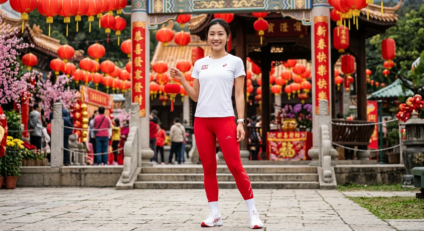 春節主題運動穿搭：亮紅色壓力褲搭配白色機能上衣，背景是紅色燈籠裝飾的戶外場景，穿搭清爽有節慶感但不誇張