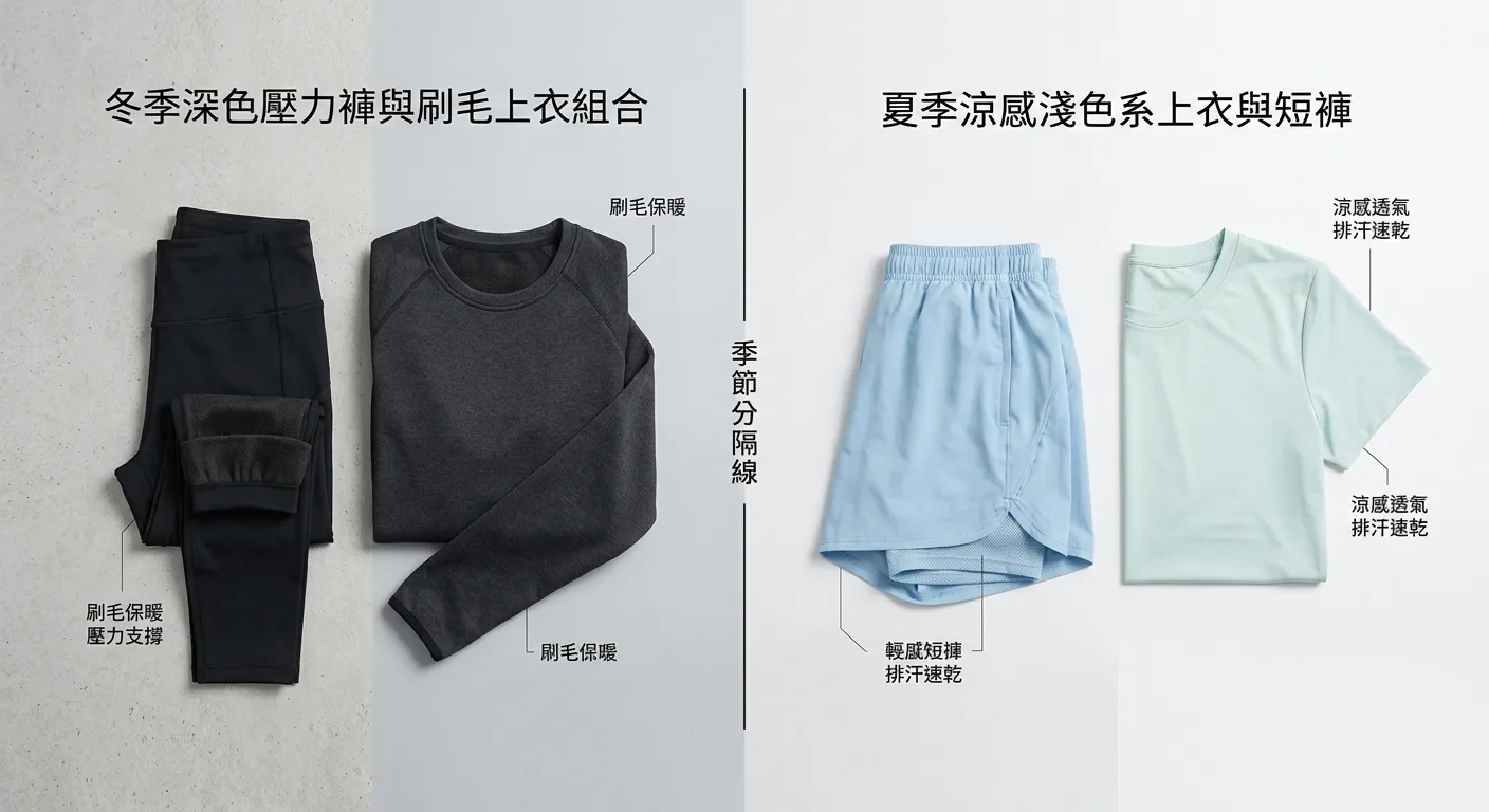 ANN RENA REYES 產品系列平面展示：左側是冬季深色壓力褲與刷毛上衣組合，右側是夏季涼感淺色系上衣與短褲，中間用季節分隔線區分，乾淨簡潔的品牌風格