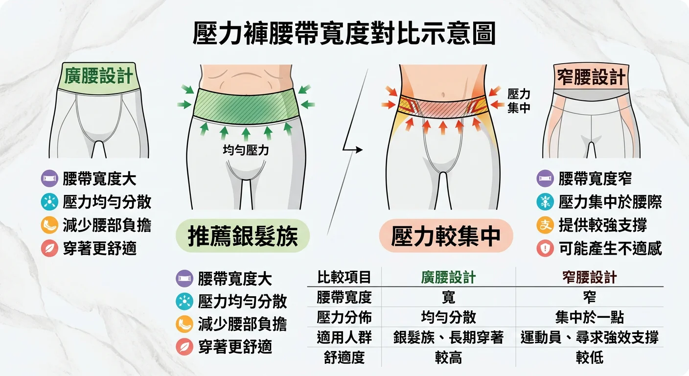 壓力褲腰帶寬度對比示意圖,左側廣腰設計(標示「推薦銀髮族」),右側窄腰設計(標示「壓力較集中」),版面清晰標示兩者差異
