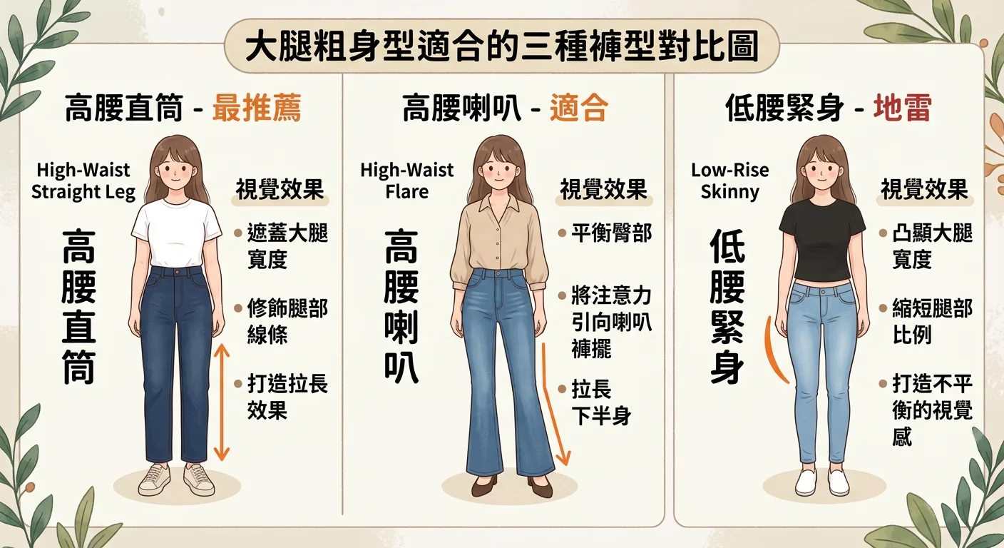 大腿粗身型適合的三種褲型對比圖:左側高腰直筒(最推薦)、中間高腰喇叭(適合)、右側低腰緊身(地雷),每種褲型旁邊標示「視覺效果」文字說明,用線條示意大腿視覺差異
