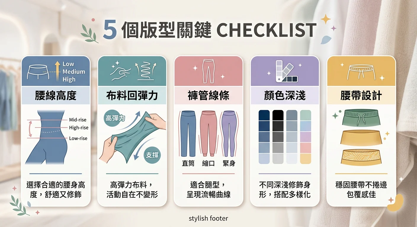 5 個版型關鍵 checklist 視覺化圖卡:列出腰線高度、布料回彈力、褲管線條、顏色深淺、腰帶設計五個項目,每個項目有圖示和一行說明,背景是柔和的運動服飾配色