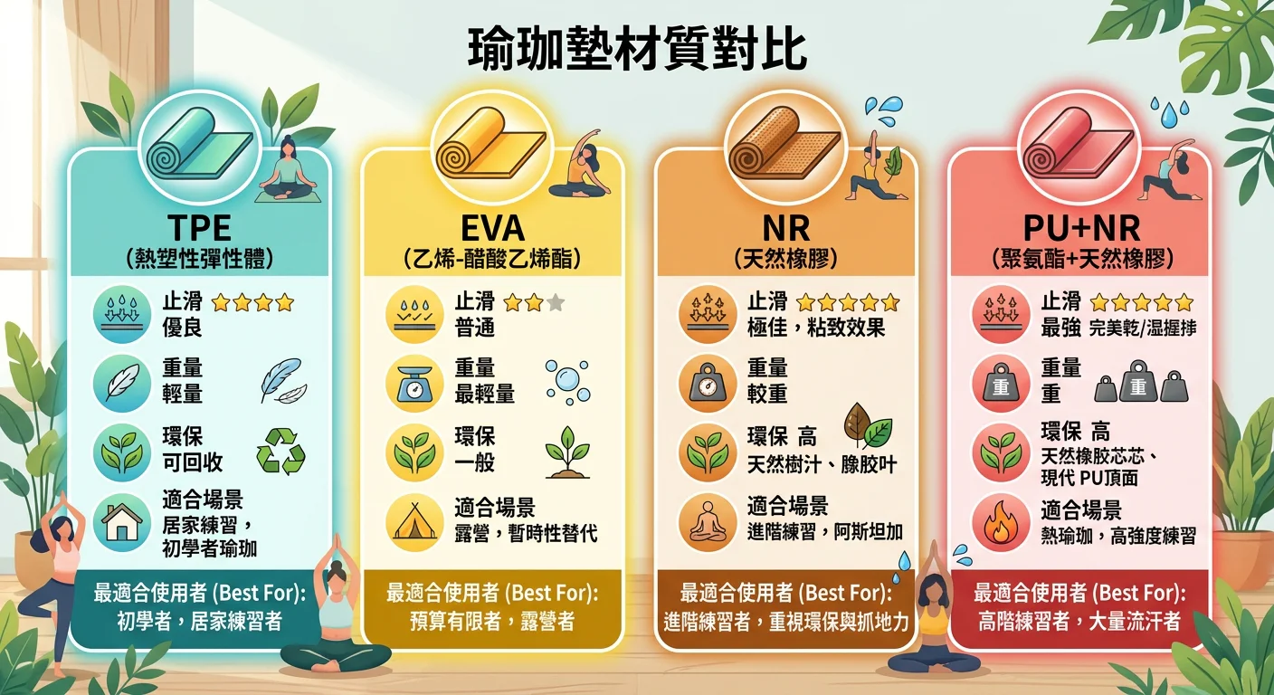 瑜珈墊材質對比資訊圖——四欄（TPE/EVA/NR/PU+NR），每欄標示止滑、重量、環保、適合場景，並標出各材質最適合的使用者族群