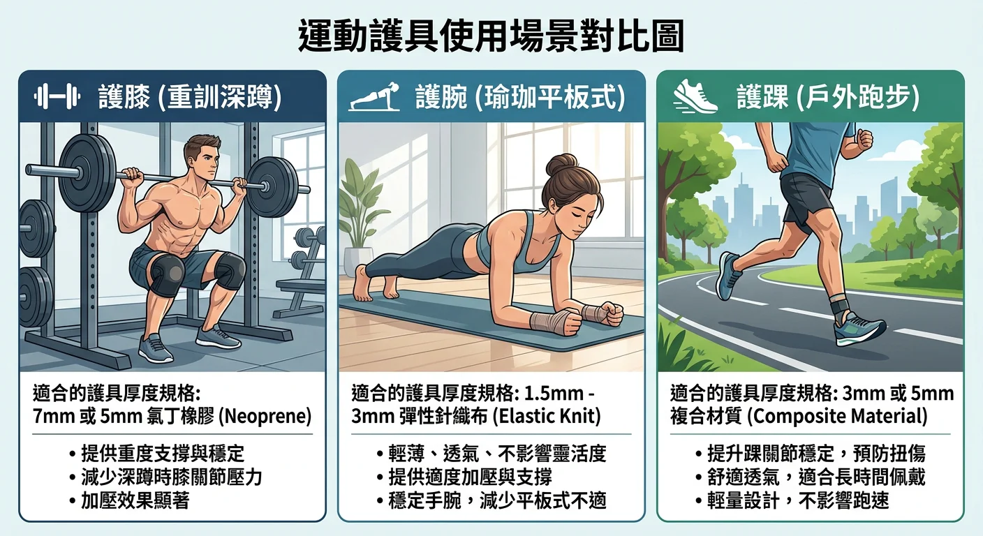 運動護具使用場景對比圖——左欄護膝（重訓深蹲動作），中欄護腕（瑜珈平板式），右欄護踝（戶外跑步），每欄標示適合的護具厚度規格