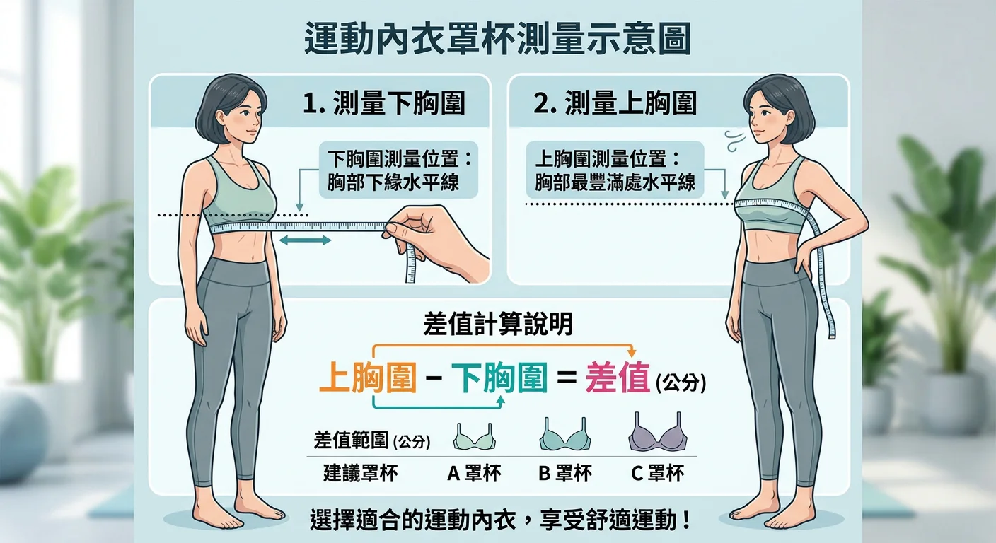 運動內衣罩杯測量示意圖，顯示下胸圍測量位置（胸部下緣水平線）和上胸圍測量位置（胸部最豐滿處水平線），以及差值計算說明