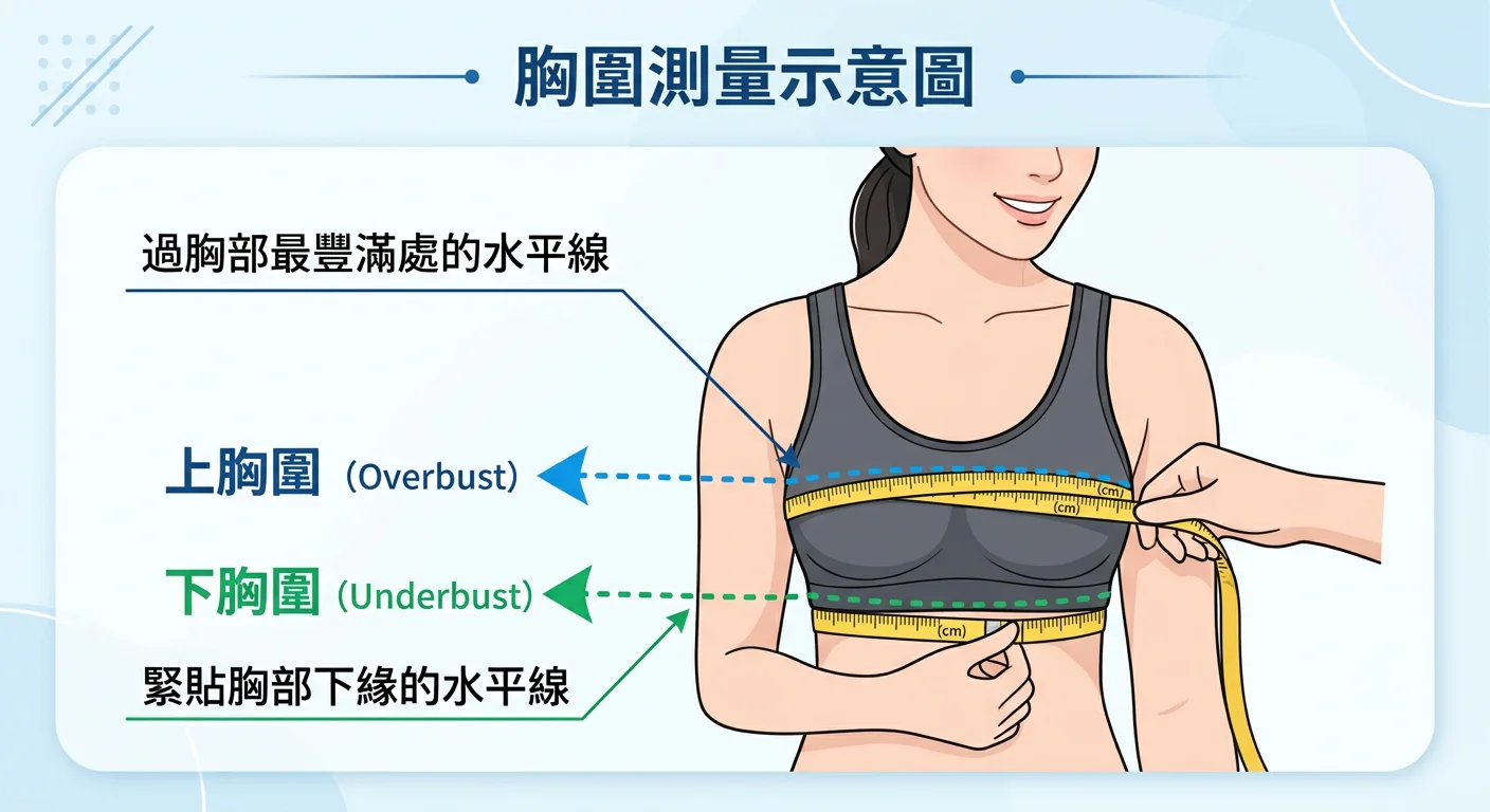 胸圍測量示意圖,標示兩條測量線:上方是上胸圍(過胸部最豐滿處的水平線)、下方是下胸圍(緊貼胸部下緣的水平線),搭配捲尺圖示