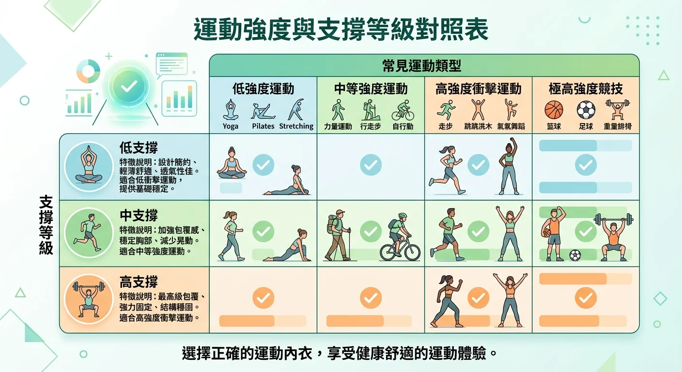 運動強度與支撐等級對照表格資訊圖,縱軸是支撐等級(低/中/高),橫軸是常見運動類型,搭配各支撐等級的特徵說明