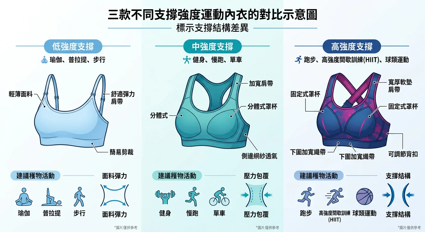 三款不同支撐強度運動內衣的對比示意圖，低中高強度各一款，標示支撐結構差異