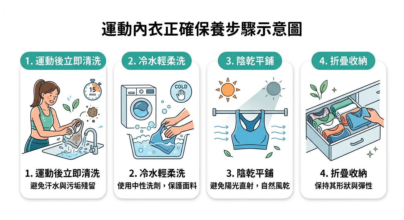運動內衣正確保養步驟示意圖:運動後立即清洗、冷水輕柔洗、陰乾平鋪、折疊收納,以四個圖示依序排列,背景乾淨白色