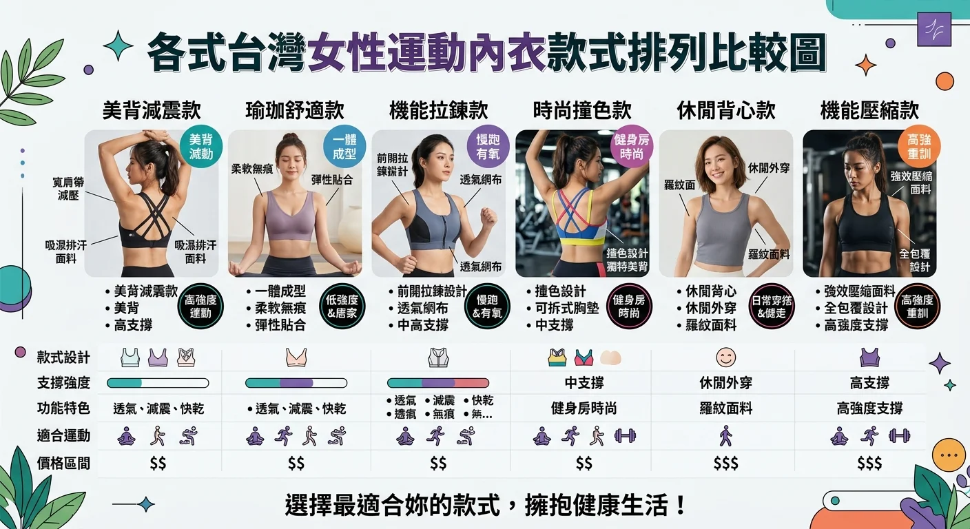 各式台灣女性運動內衣款式排列比較圖，展示不同設計風格和功能特色，明亮白色背景