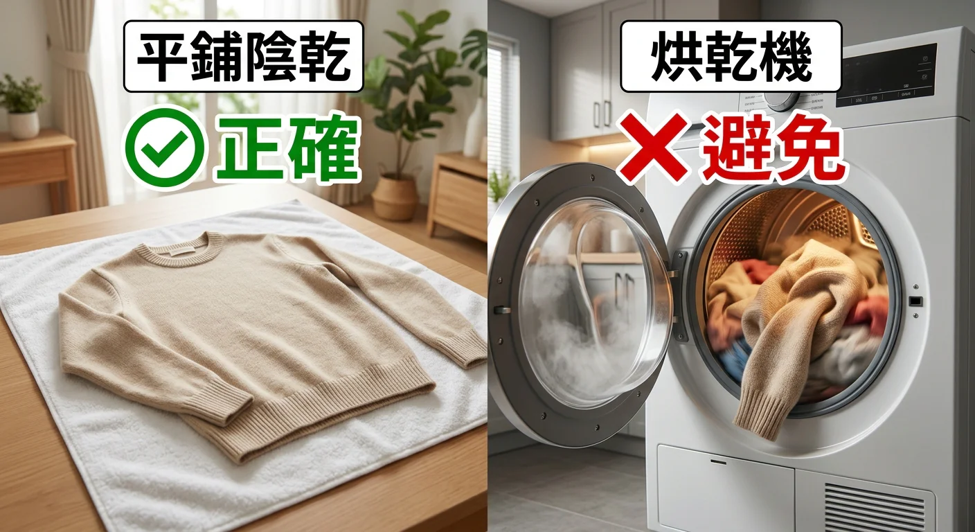 平鋪陰乾 vs 烘乾機的對比圖:左側為平鋪在毛巾上陰乾並標示「正確」,右側為烘乾機並標示「避免」,色彩明確對比