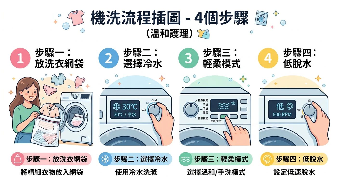 四步驟機洗流程插圖:步驟一放洗衣網袋、步驟二選冷水、步驟三輕柔模式、步驟四低脫水,以數字圖示清單呈現,風格簡明活潑
