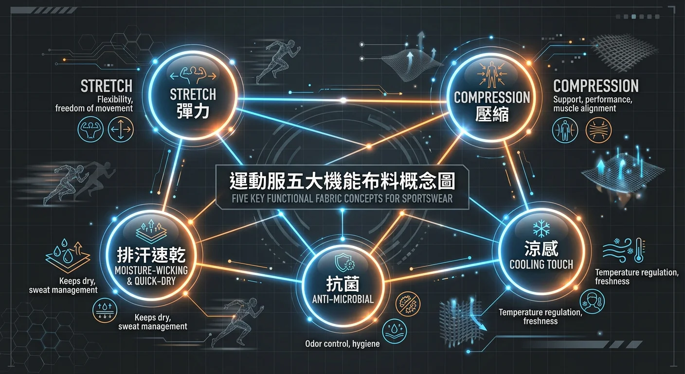 運動服五大機能布料概念圖，以深灰色底色為基調，五個圓形節點分別標示 Stretch 彈力、COMPRESSION 壓縮、排汗速乾、涼感、抗菌，節點間以品牌主色線條相互連結，整體呈科技感網絡結構圖