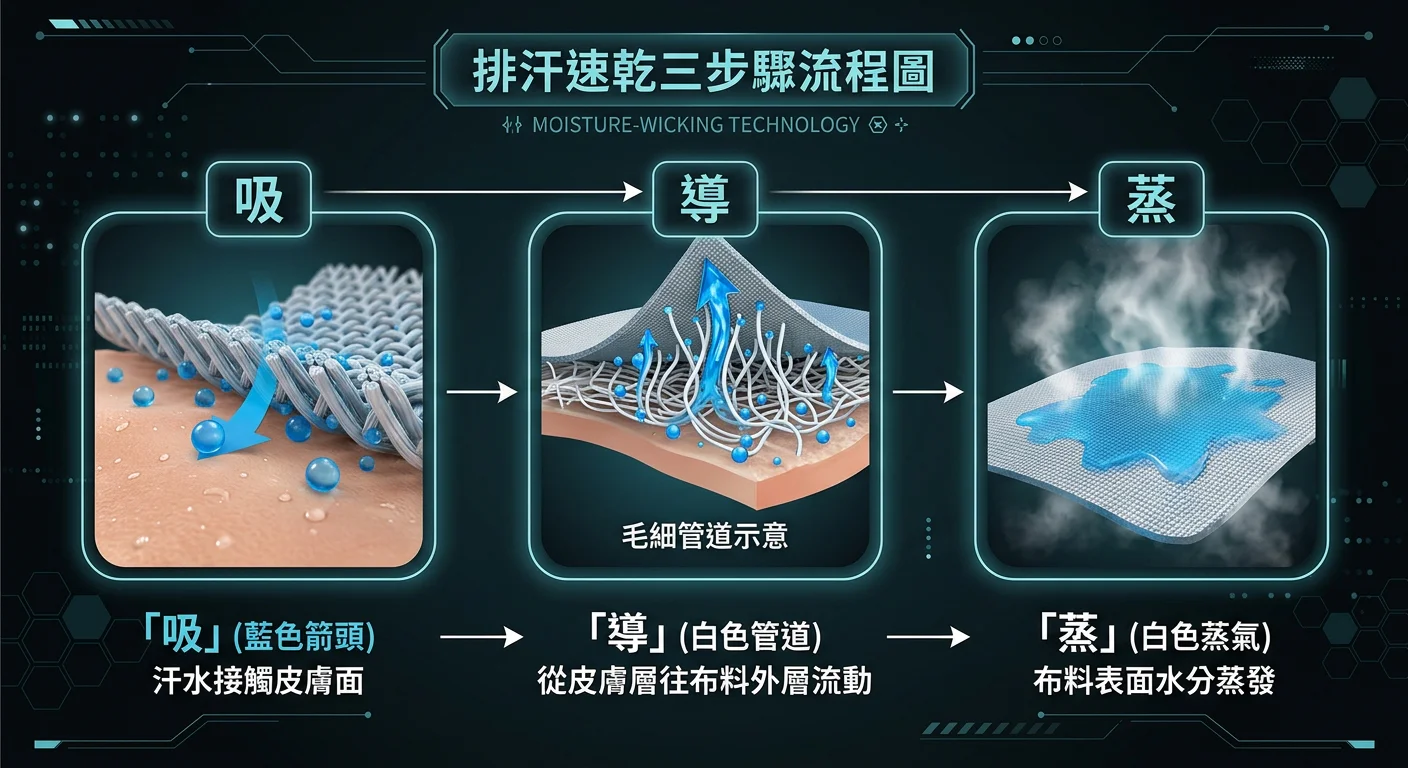 排汗速乾三步驟流程圖，橫向三階段：左側「吸」（汗水接觸皮膚面），中間「導」（毛細管道示意，從皮膚層往布料外層流動），右側「蒸」（布料表面水分蒸發），以細線箭頭串聯，深色科技風格