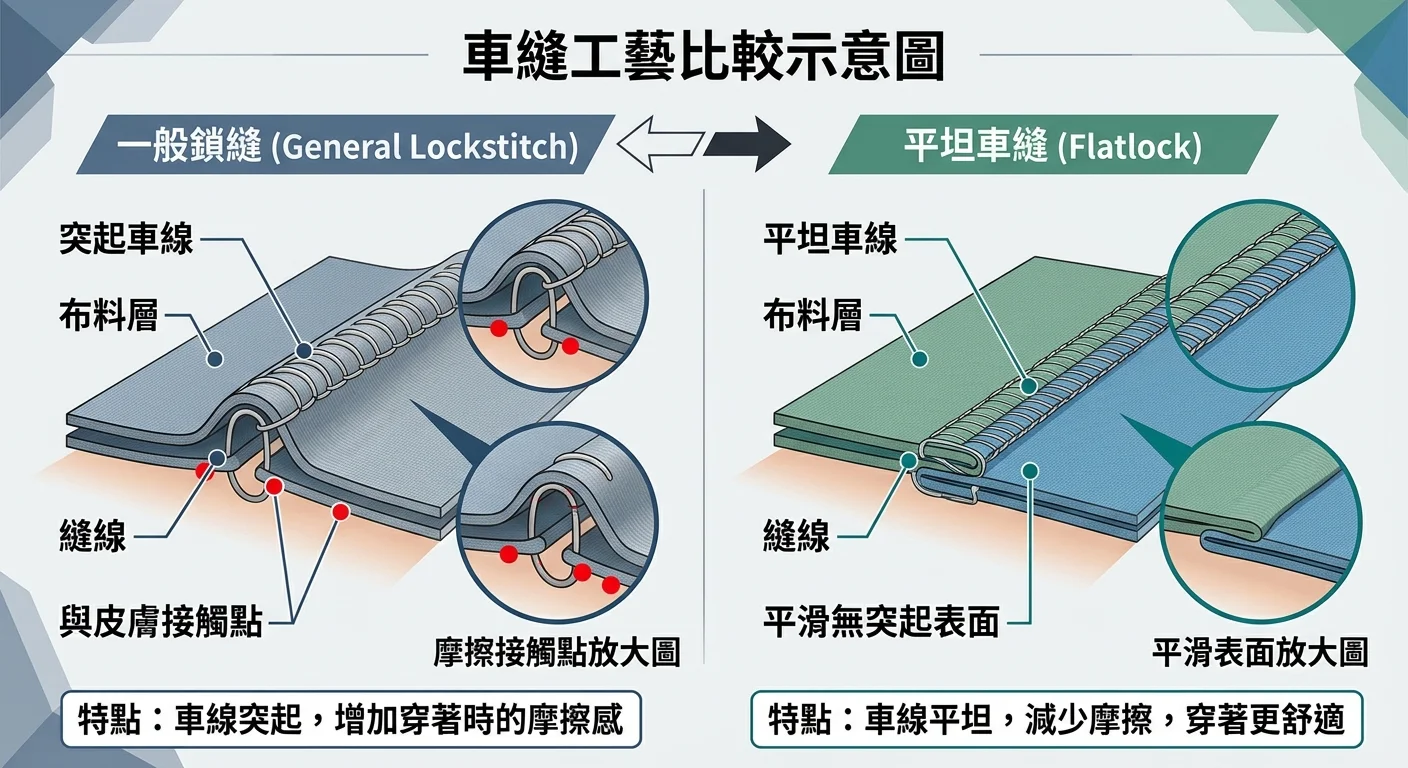 車縫工藝比較示意圖，左側為「一般鎖縫」（突起車線剖面圖，標示摩擦接觸點），右側為「平坦車縫 Flatlock」（攤平車線剖面圖，標示無突起摩擦），兩側以箭頭對比，搭配放大的布料剖面線條圖