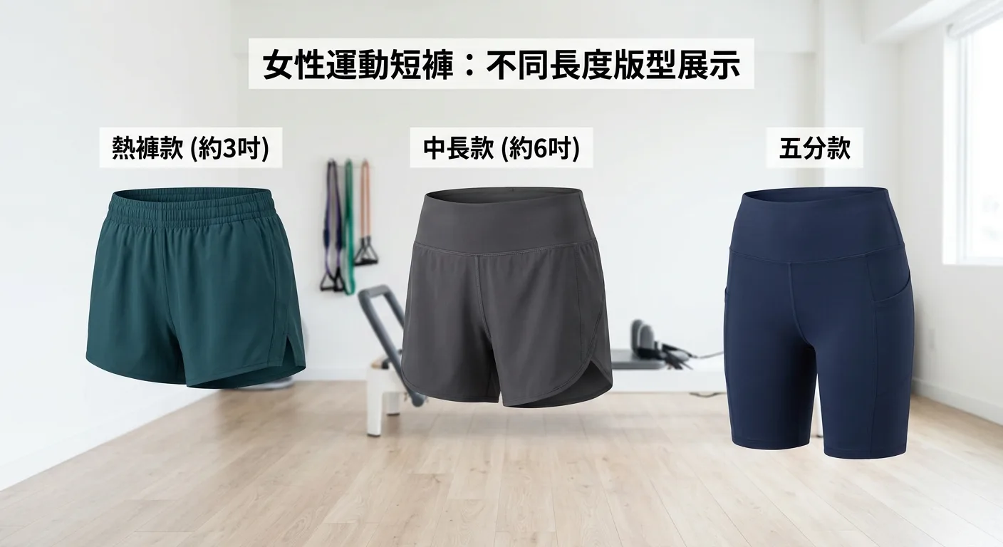 三款不同長度的女性運動短褲並排展示,左側熱褲款(約3吋)、中間中長款(約6吋)、右側五分款,全部為運動面料,展示從短到長的版型差異,背景為白色運動室