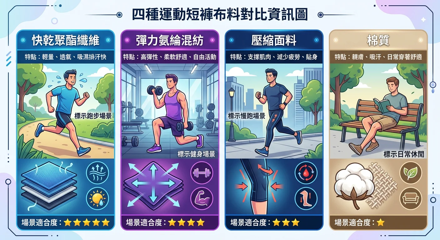 四種運動短褲布料對比資訊圖,四欄排列:快乾聚酯纖維(藍色系,標示跑步場景)、彈力氨綸混紡(紫色系,標示健身場景)、壓縮面料(深藍,標示慢跑場景)、棉質(米色,標示日常休閒),每欄底部有場景適合度分數1-5星