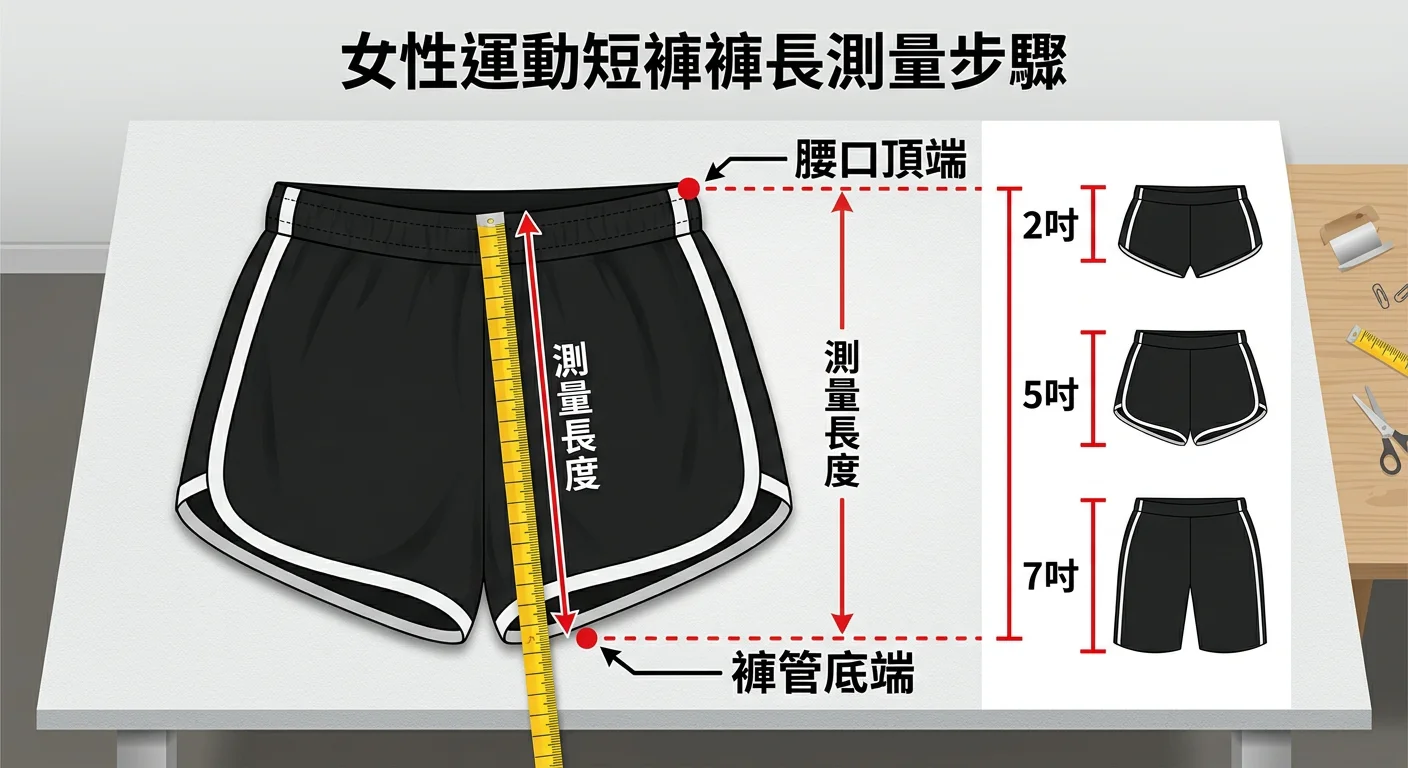 女性運動短褲褲長量法步驟圖,展示如何將短褲放平後用捲尺從腰口頂端測量到褲管底端,圖示清楚標示「腰口頂端」和「褲管底端」兩個測量點,旁邊標示2吋、5吋、7吋三種常見長度