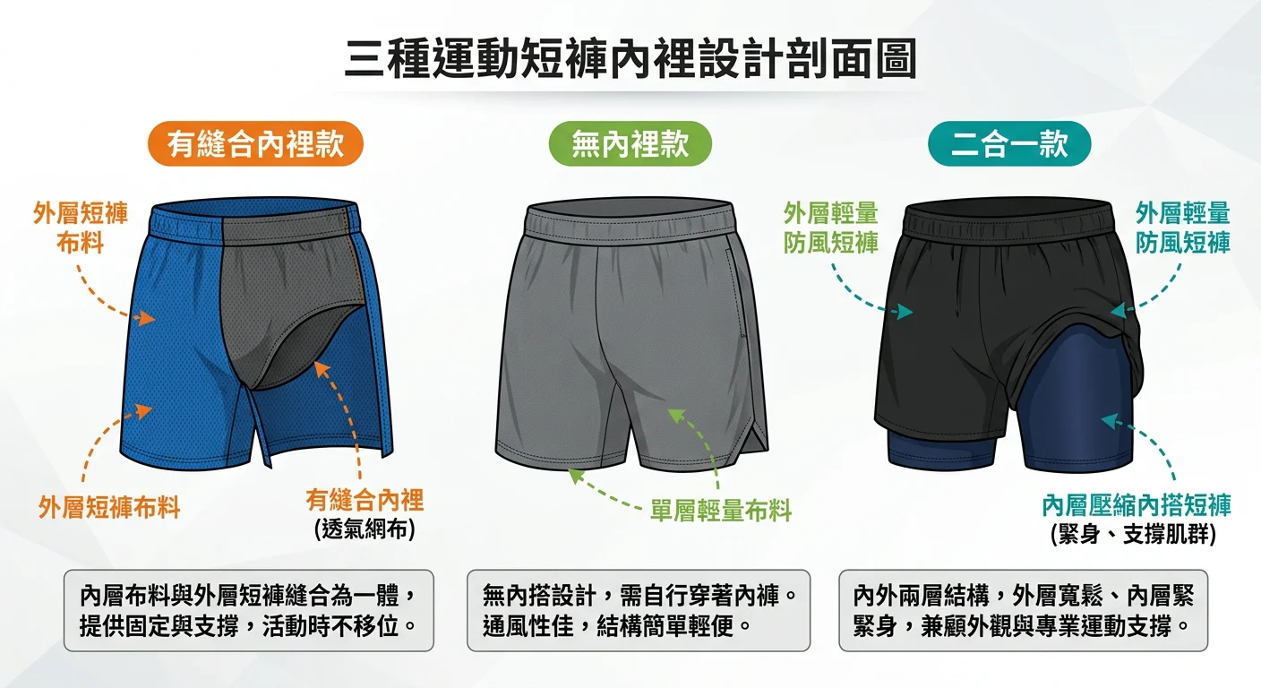 三種運動短褲內裡設計剖面圖,從左到右:有縫合內裡款(內層布料與外層縫合一體)、無內裡款(單層布料),二合一款(外層輕量短褲+內層壓縮內搭一體),用虛線和箭頭標示各層結構,配色清楚區分