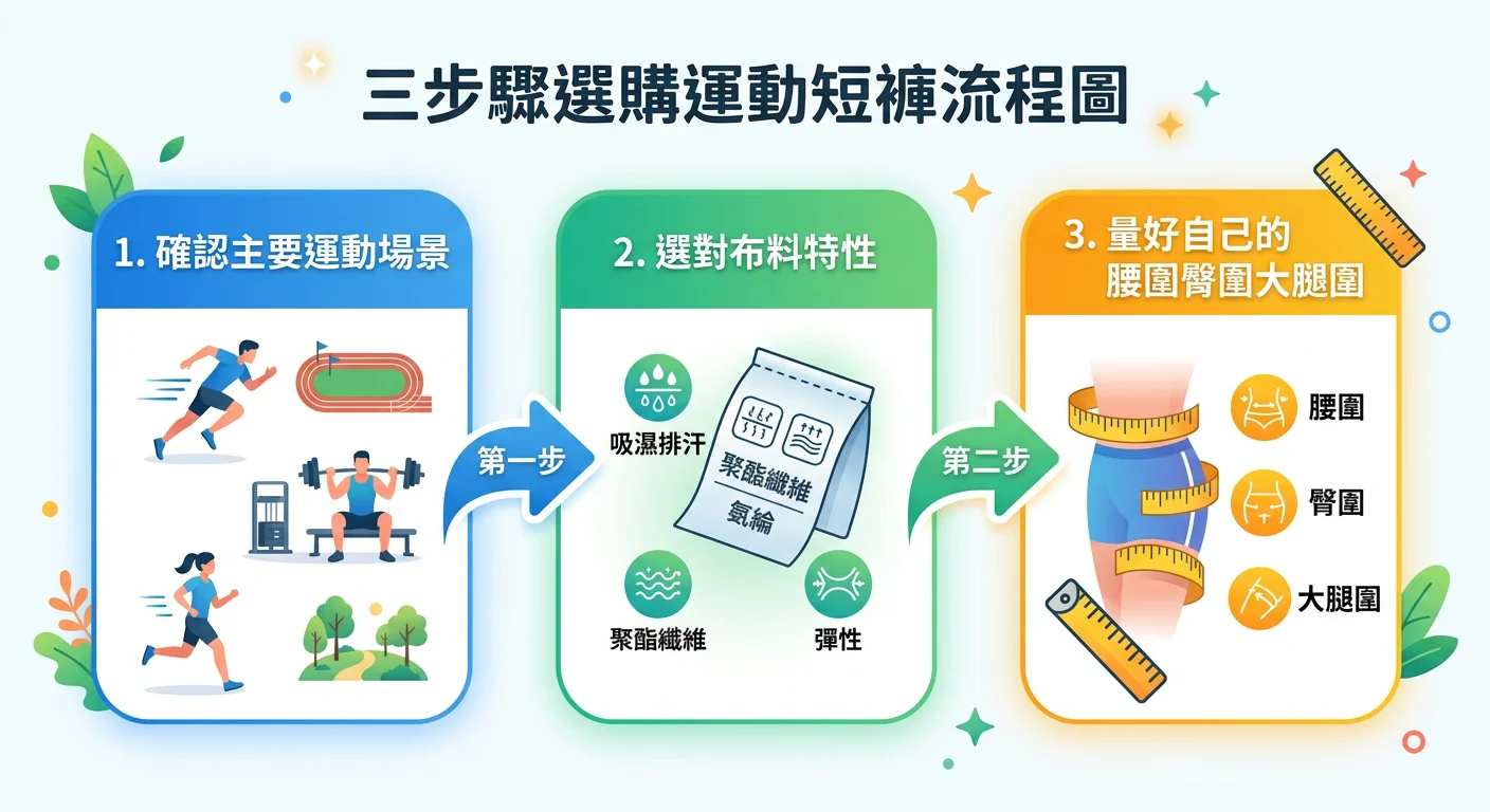 三步驟選購運動短褲流程圖,從左到右:第一步「確認主要運動場景」(配跑步/健身/慢跑場景圖示)、第二步「選對布料特性」(配布料成分標籤圖示)、第三步「量好自己的腰圍臀圍大腿圍」(配量尺圖示),箭頭連接三個步驟