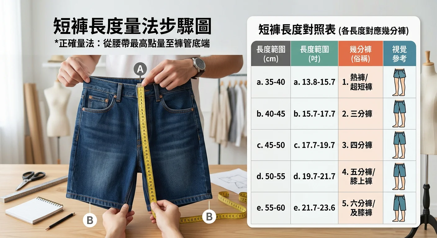短褲長度量法步驟圖：展示量尺放在腰帶最高點到褲管底端的正確位置，旁邊附對照表顯示各長度對應幾分褲