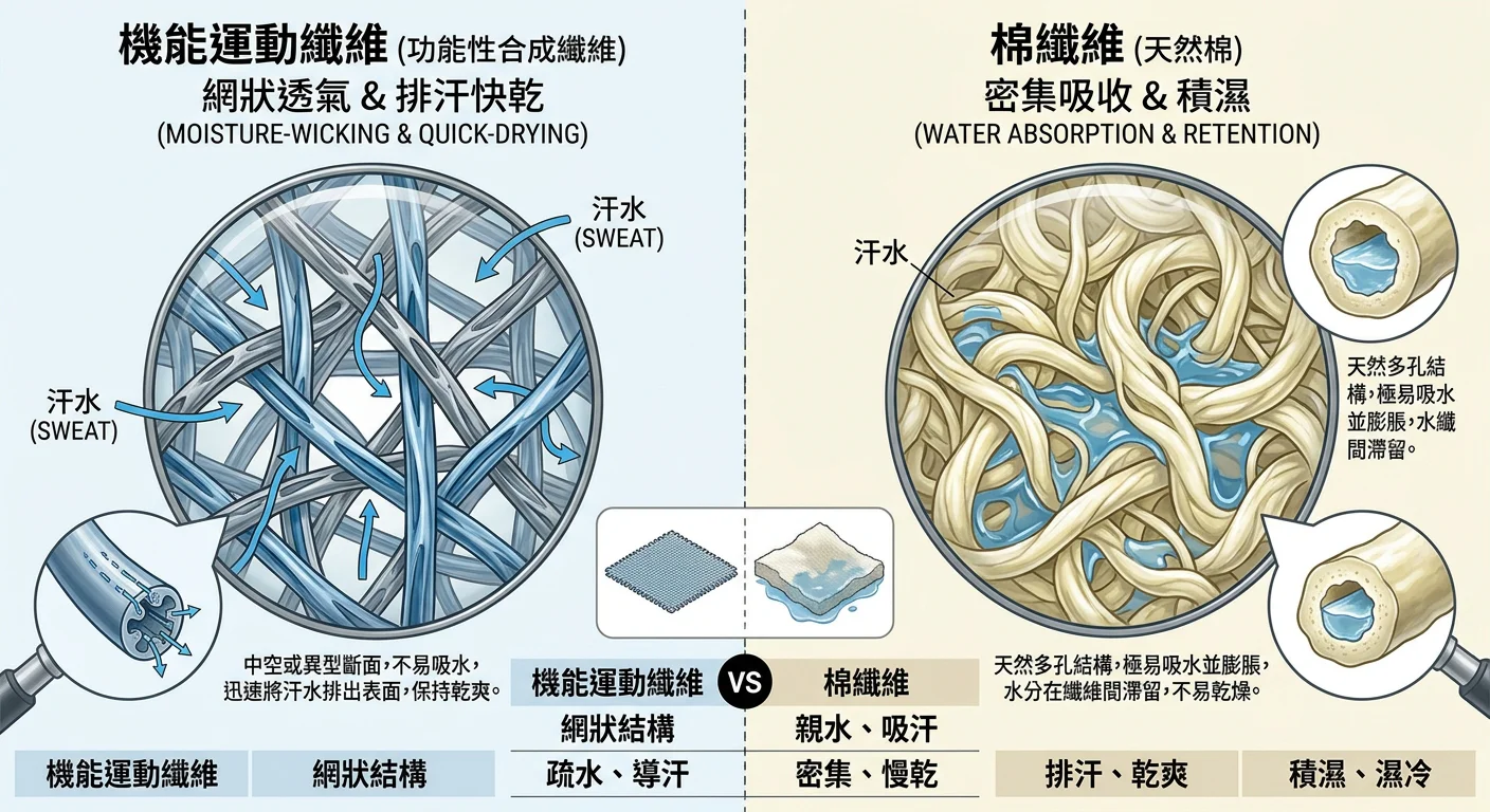 機能運動纖維 vs 棉纖維材質放大比較圖——左半顯示機能纖維的網狀透氣結構（標注排汗快乾），右半顯示棉纖維密集吸收後積濕示意，清晰說明差異