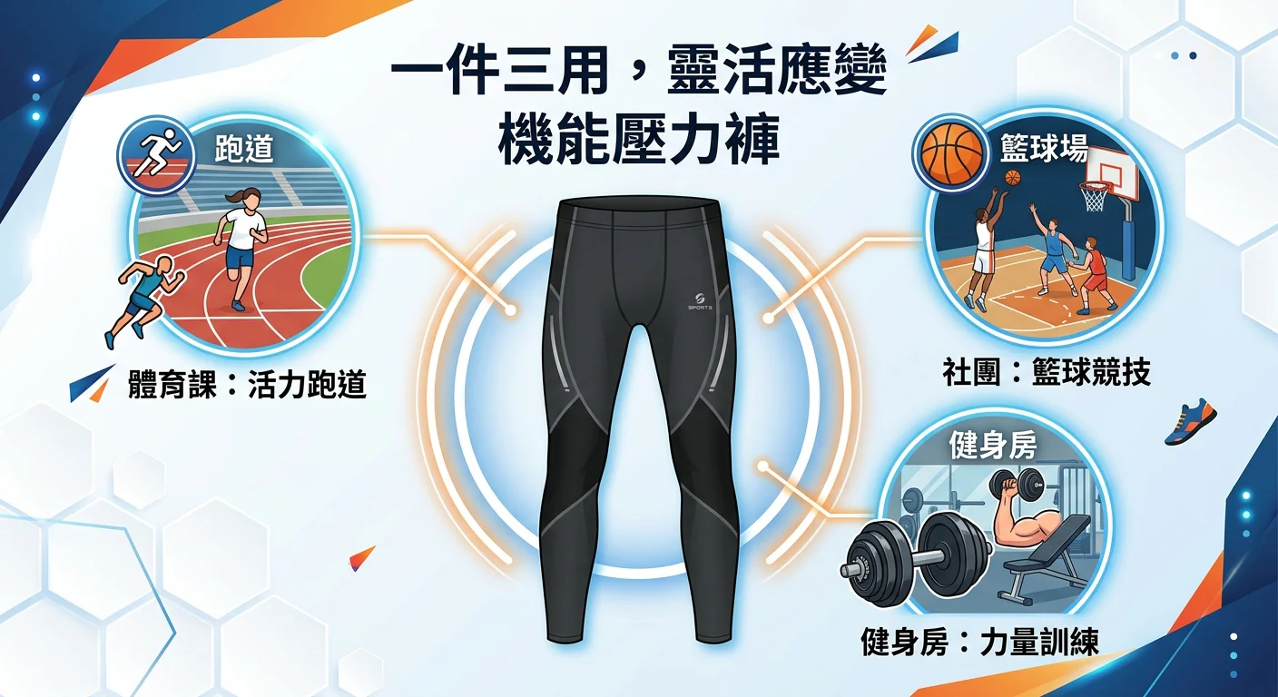 一件機能壓力褲放在畫面中央，周圍用小圖示標示三個場景（體育課跑道圖示、社團籃球圖示、健身房啞鈴圖示），視覺化「一件三用」的概念