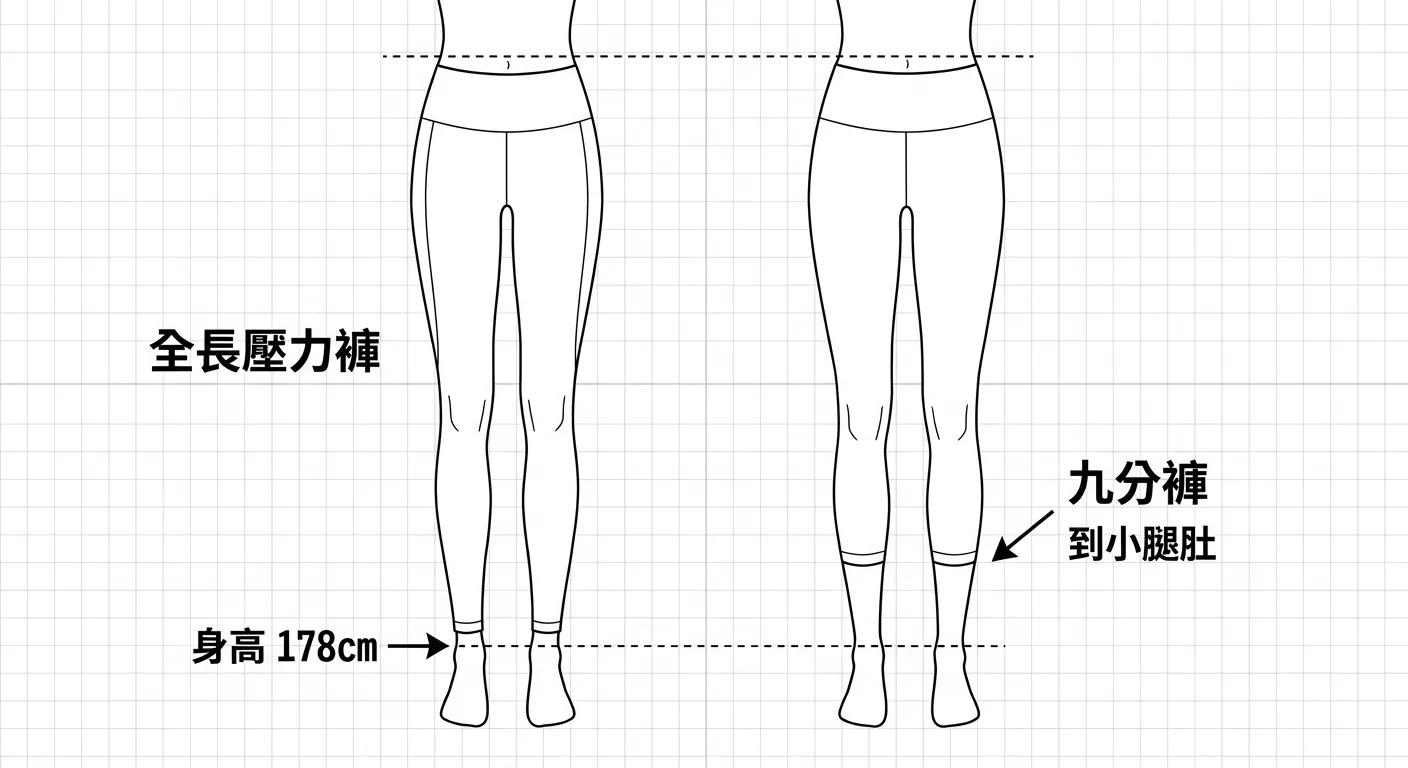 高個子女生運動服飾主視覺:扁平插圖風格,一位高挑女性穿著合身全長壓力褲和短版運動上衣,旁邊對比一件太短的九分褲版型,以標示箭頭說明褲長差異,背景淺色,配色以深靛藍和珊瑚粉為主