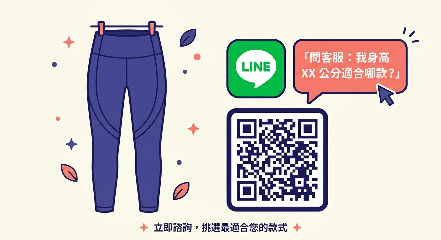 扁平插圖風格,畫面展示一件全長壓力褲搭配 LINE QR code 圖示,旁邊有一個對話框圖示標示「問客服:我身高 XX 公分適合哪款?」,背景淺色,配色深靛藍和珊瑚粉,整體親切專業