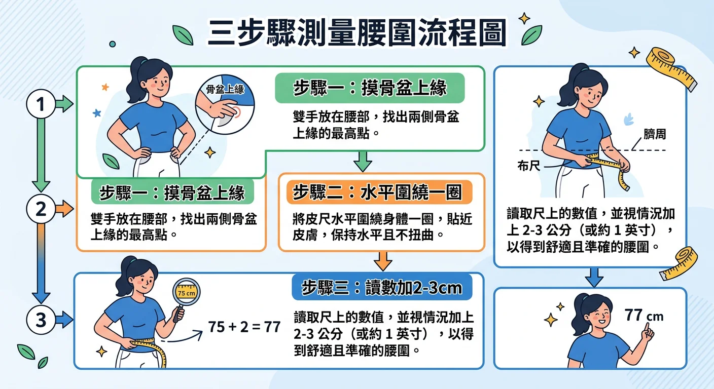 三步驟測量腰圍的流程圖，第一步摸骨盆上緣、第二步水平圍繞一圈、第三步讀數加2-3cm，每個步驟搭配小插圖說明