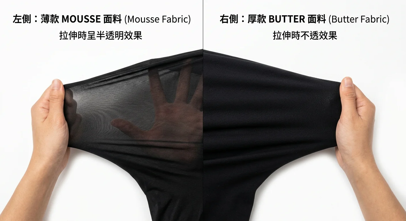 壓力褲布料對比示意圖，左側展示薄款 Mousse 面料在拉伸時半透明效果，右側展示厚款 Butter 面料拉伸不透的效果，背景乾淨白色