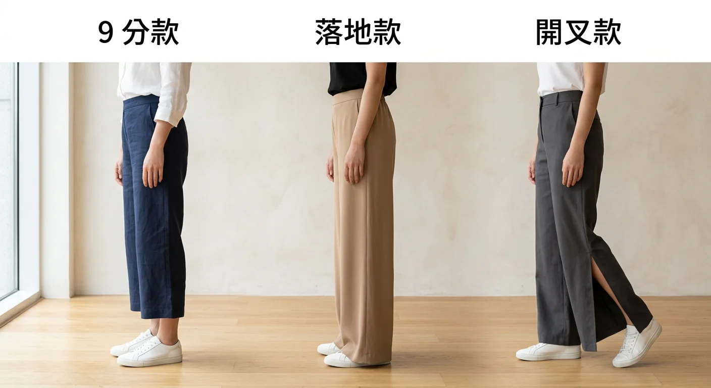 三款寬褲管並排側視圖：9 分款、落地款、開叉款，展示不同版型的視覺差異