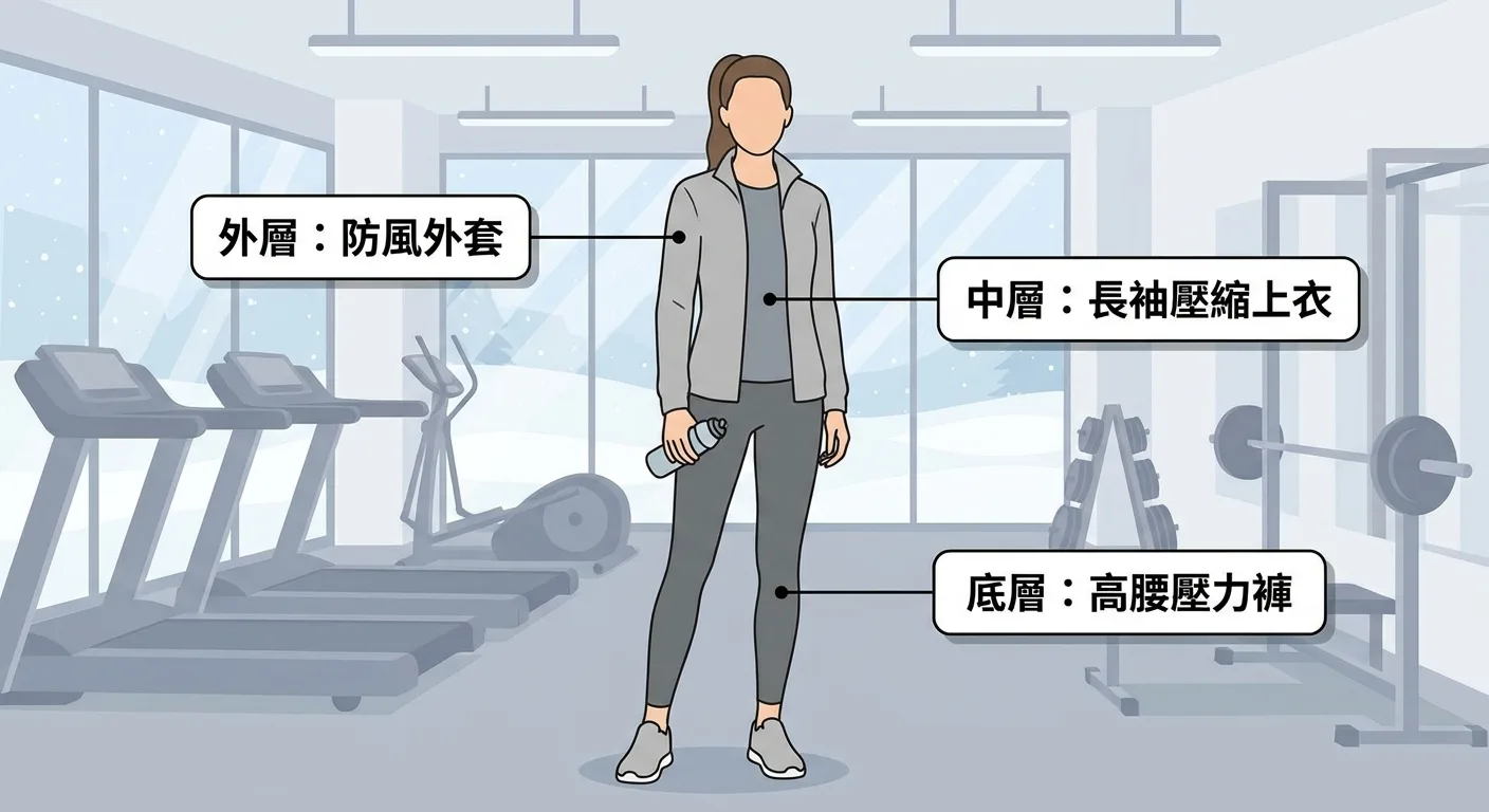 冬天健身房分層穿搭三層示意圖，從左到右展示底層高腰壓力褲加長袖壓縮上衣、中層輕量刷毛外套、外層防風外套，三層各有清晰標示，背景為簡潔白色
