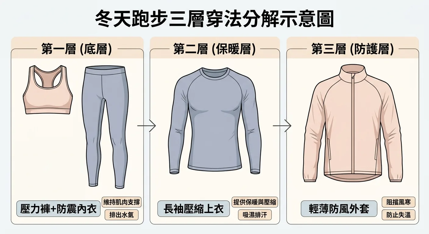 冬天跑步三層穿法分解示意圖:左起第一層壓力褲+防震內衣、第二層長袖壓縮上衣、第三層輕薄防風外套,並排顯示,附文字標示各層功能