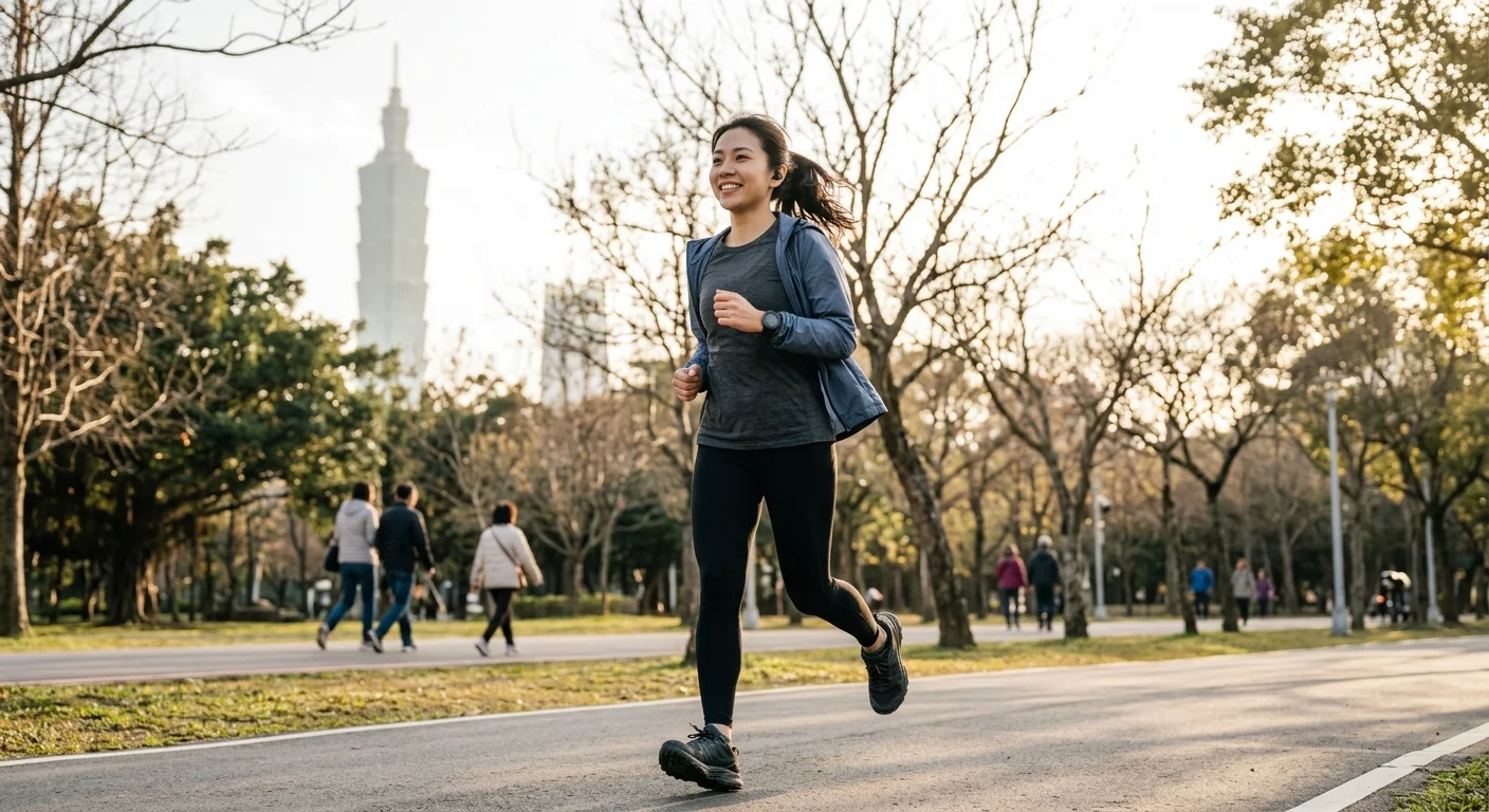 女生穿著冬天跑步裝備(壓力長褲、長袖上衣、薄外套)在台北城市公園路跑,背景有冬天的光線氛圍,活潑輕鬆的生活風格