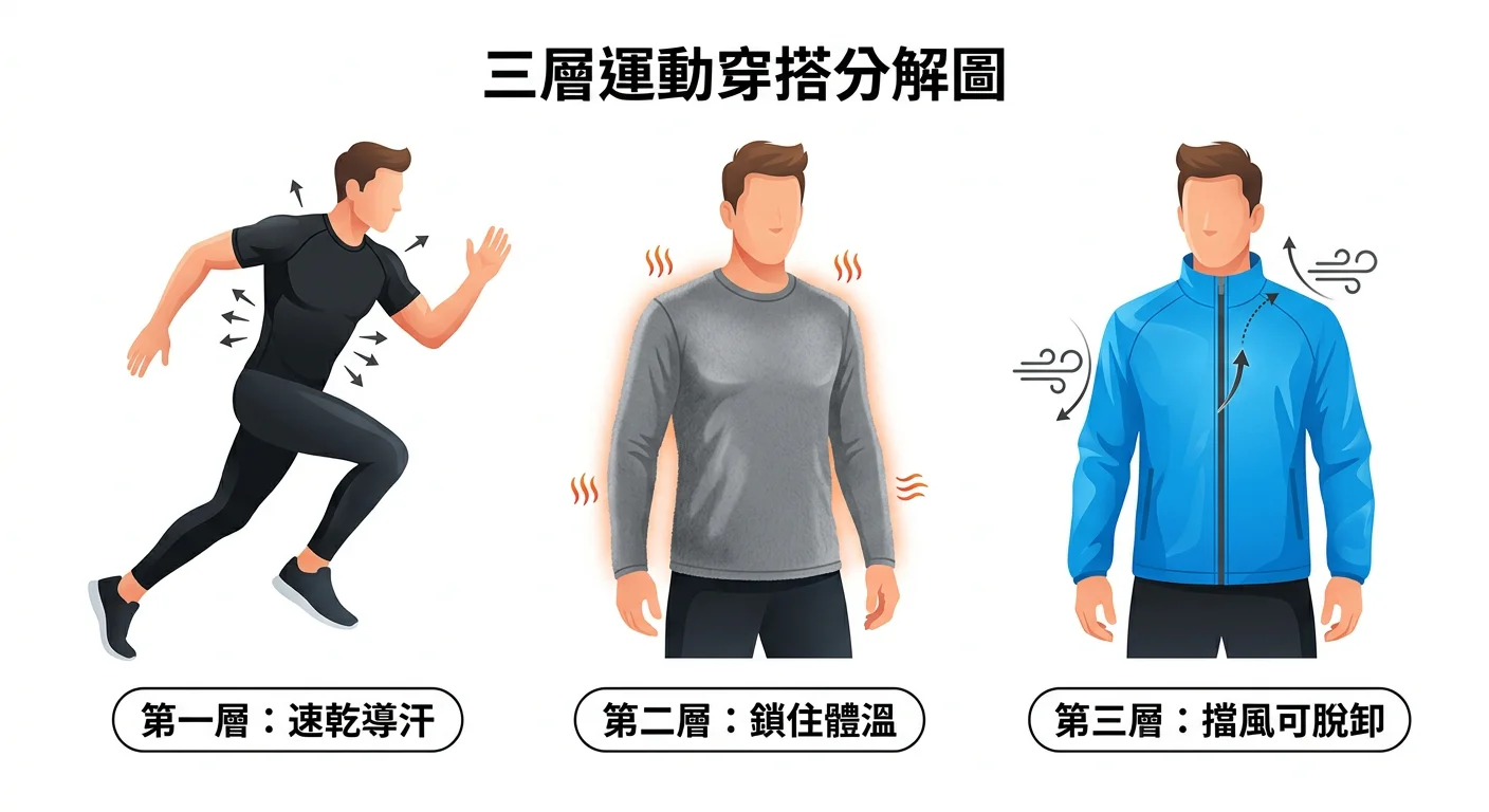 三層運動穿搭分解圖：左邊是速乾壓力褲和緊身長袖底層（標示「第一層：速乾導汗」），中間是刷毛長袖（標示「第二層：鎖住體溫」），右邊是防風外套（標示「第三層：擋風可脫卸」），乾淨白色背景資訊圖風格