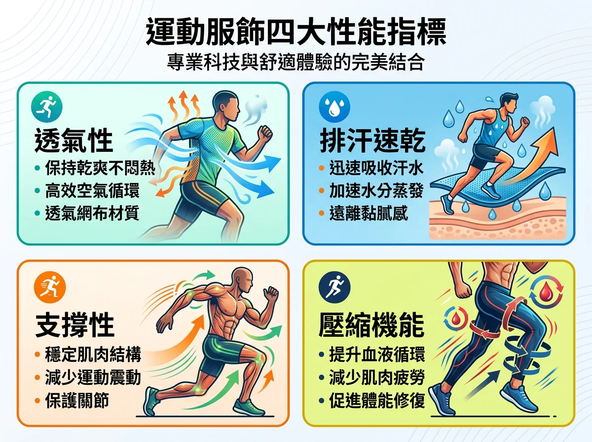 四格資訊圖，分別代表運動服透氣性、排汗速乾、支撐性、壓縮機能四大指標，搭配簡潔圖示