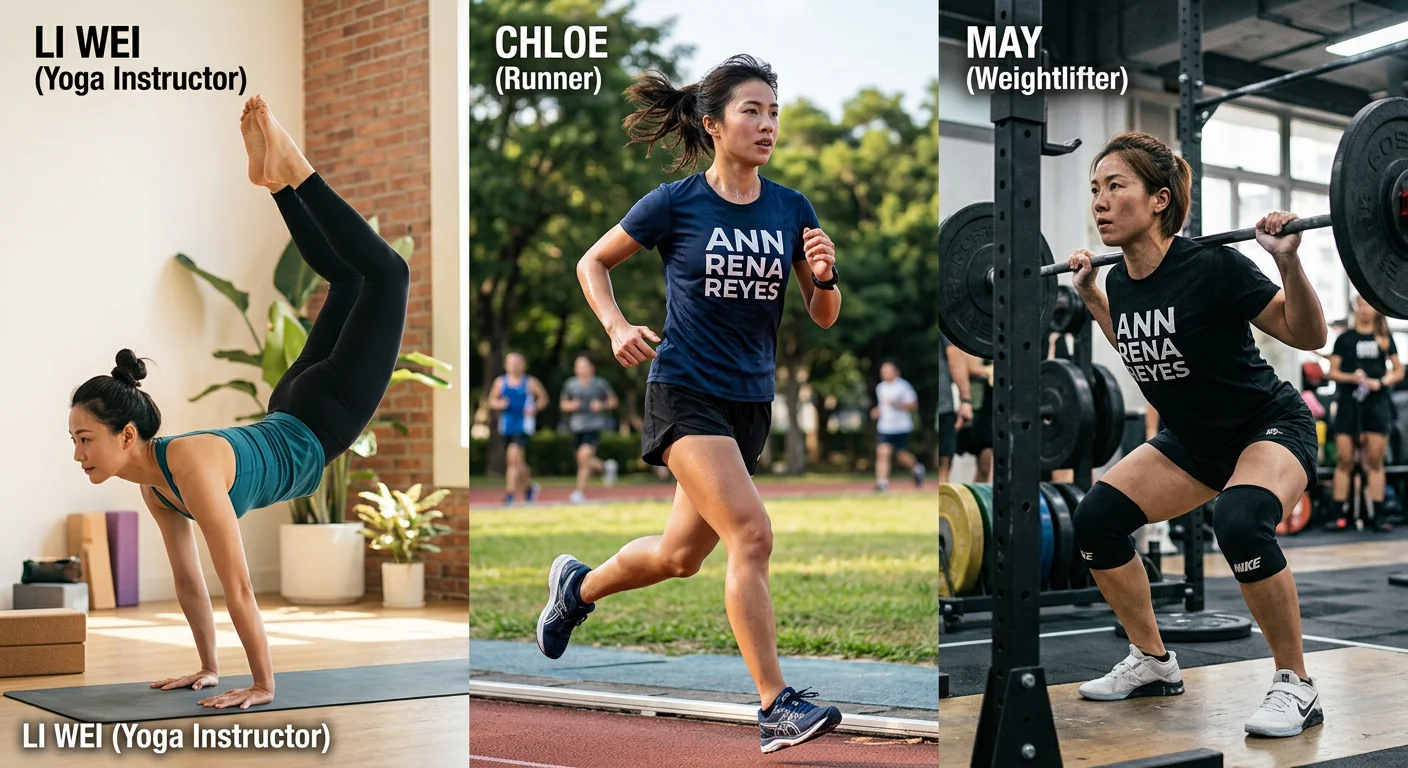 三位不同類型女性運動員穿著 ANN RENA REYES 機能上衣，分別在跑步、瑜珈、健身場景
